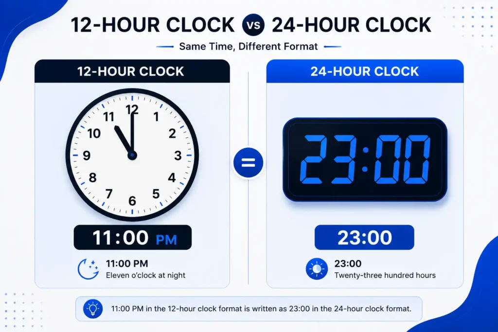 (1100 PM) and a 24-hour clock (2300