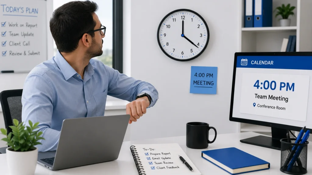 Office employee counting down until 4:00 PM